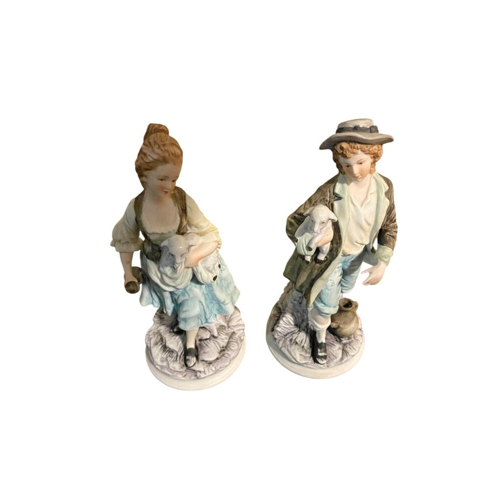 Ethan Allen Porcelain Figurine Set Shepherd & Shepherdess With Lambs Japan